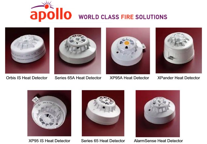 Examples of Apollo Heat Detectors supplied by CLC Fire Alarms, Co. Kildare  - Orbis IS Heat Detector, Series 65A Heat Detector, XP95A Heat Detector, XPander Heat Detector, XP95 IS Heat Detector, Series 65 Heat Detector, AlarmSense Heat Detector