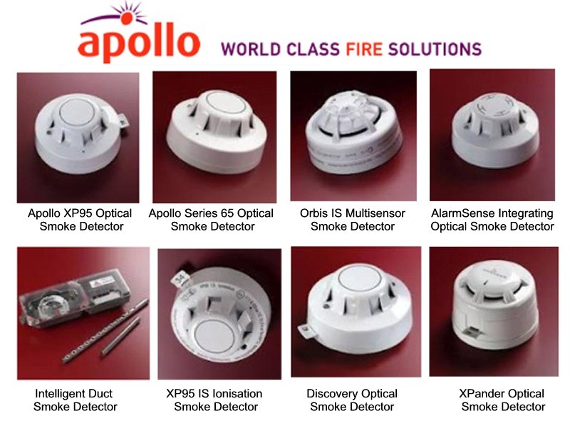 Examples of Apollo smoke detectors supplied by CLC Fire Alarms throughout Ireland: XP95 Optical, Series 65 Optical, Orbis IS Multisensor, AlarmSense Integrating Optical, Intelligent Duct, XP95 IS Ionisation, Discovery Optical and  XPander Optical.