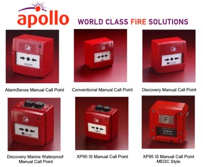 Examples of Apollo Manual Call Points (MCPs) or "break glass" point supplied by CLC Fire Alarms throughout Ireland. AlarmSense MCP, Conventional MCP, Discovery MCP, Discovery Marine Waterproof  MCP, XP95 IS MCP and XP95 IS MCP MEDC Style