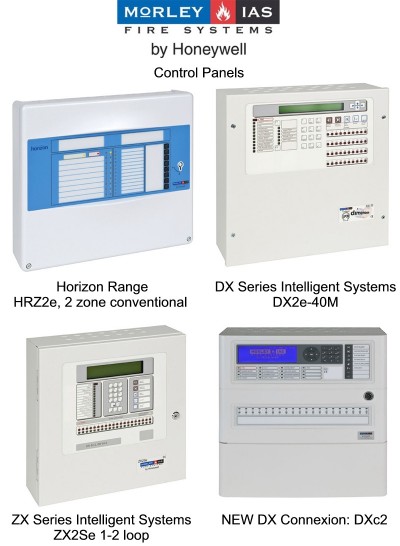 Morley- IAS Control panels supplied by CLC Fire Alarms, Ireland - Horizon Range HRZ2e, 2 zone conventional, DX Series Intelligent Systems DX2e-40M, ZX Series Intelligent Systems ZX2Se 1-2 loop, NEW DX Connexion: DXc2